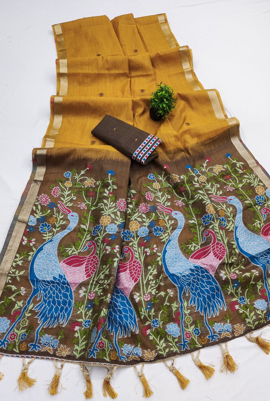 Mameraa Sarees Soft Pure Muga Cotton Saree With Meenakari Weaving Motifs And Contrast Blouse-Yellow | Grocsy
