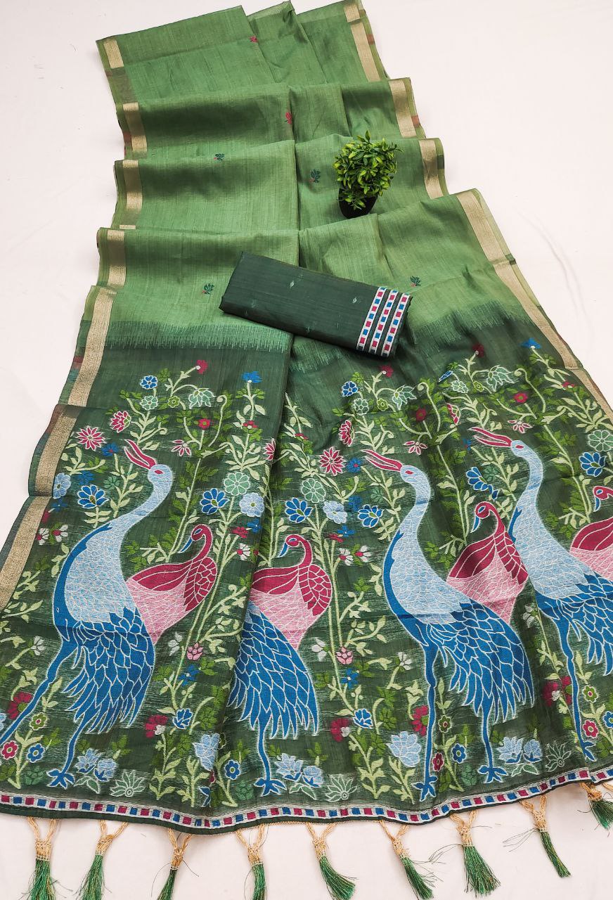 Mameraa Sarees Soft Pure Muga Cotton Saree With Meenakari Weaving Motifs And Contrast Blouse-Green | Grocsy