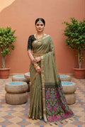 Mameraa Sarees Soft Pure Muga Cotton Saree With Meenakari Weaving Motifs And Contrast Blouse-Mehendi | Grocsy