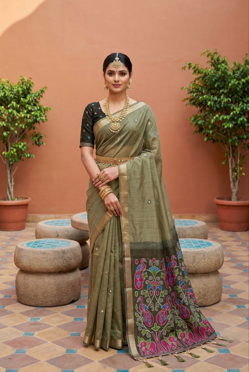 Mameraa Sarees Soft Pure Muga Cotton Saree With Meenakari Weaving Motifs And Contrast Blouse-Mehendi | Grocsy