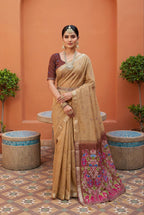 Mameraa Sarees Soft Pure Muga Cotton Saree With Meenakari Weaving Motifs And Contrast Blouse-Cream | Grocsy