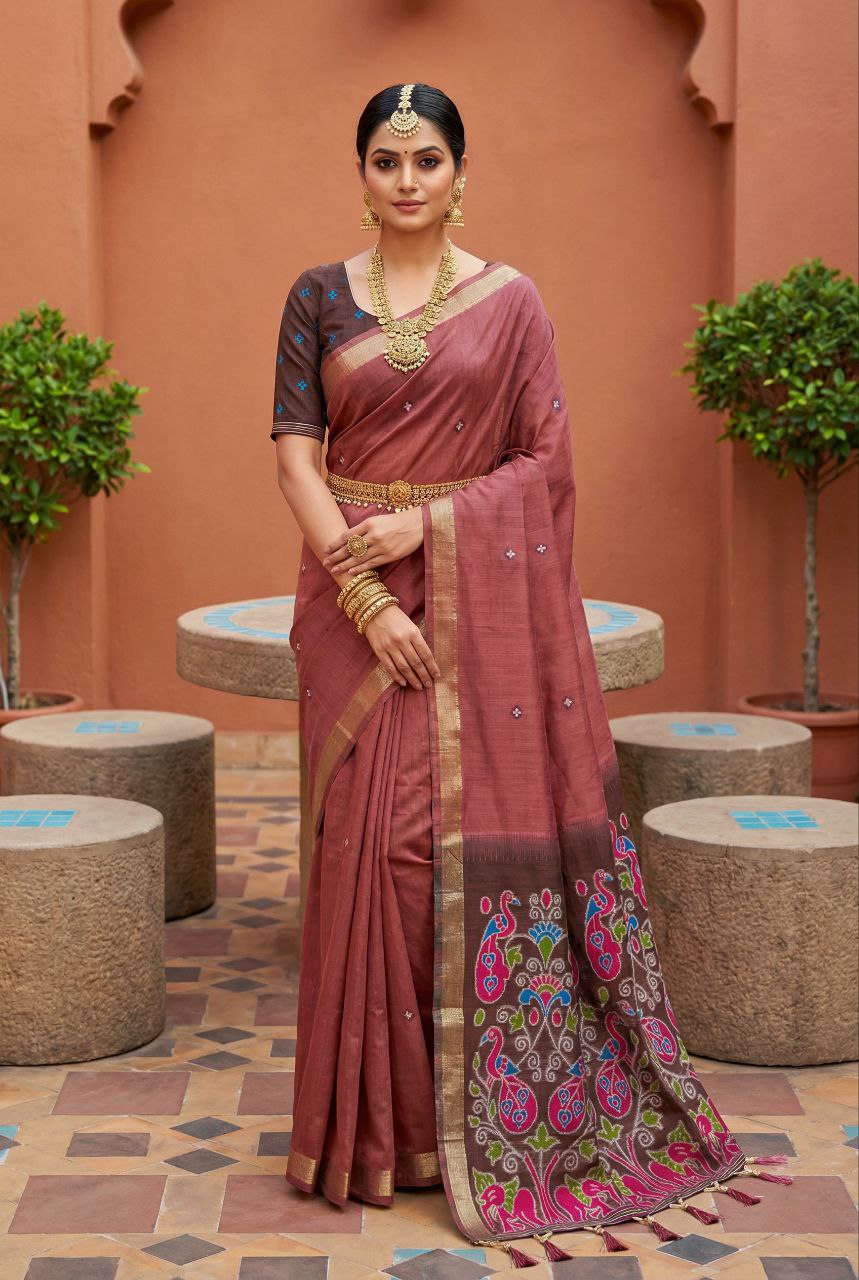 Mameraa Sarees Soft Pure Muga Cotton Saree With Meenakari Weaving Motifs And Contrast Blouse-Pink | Grocsy