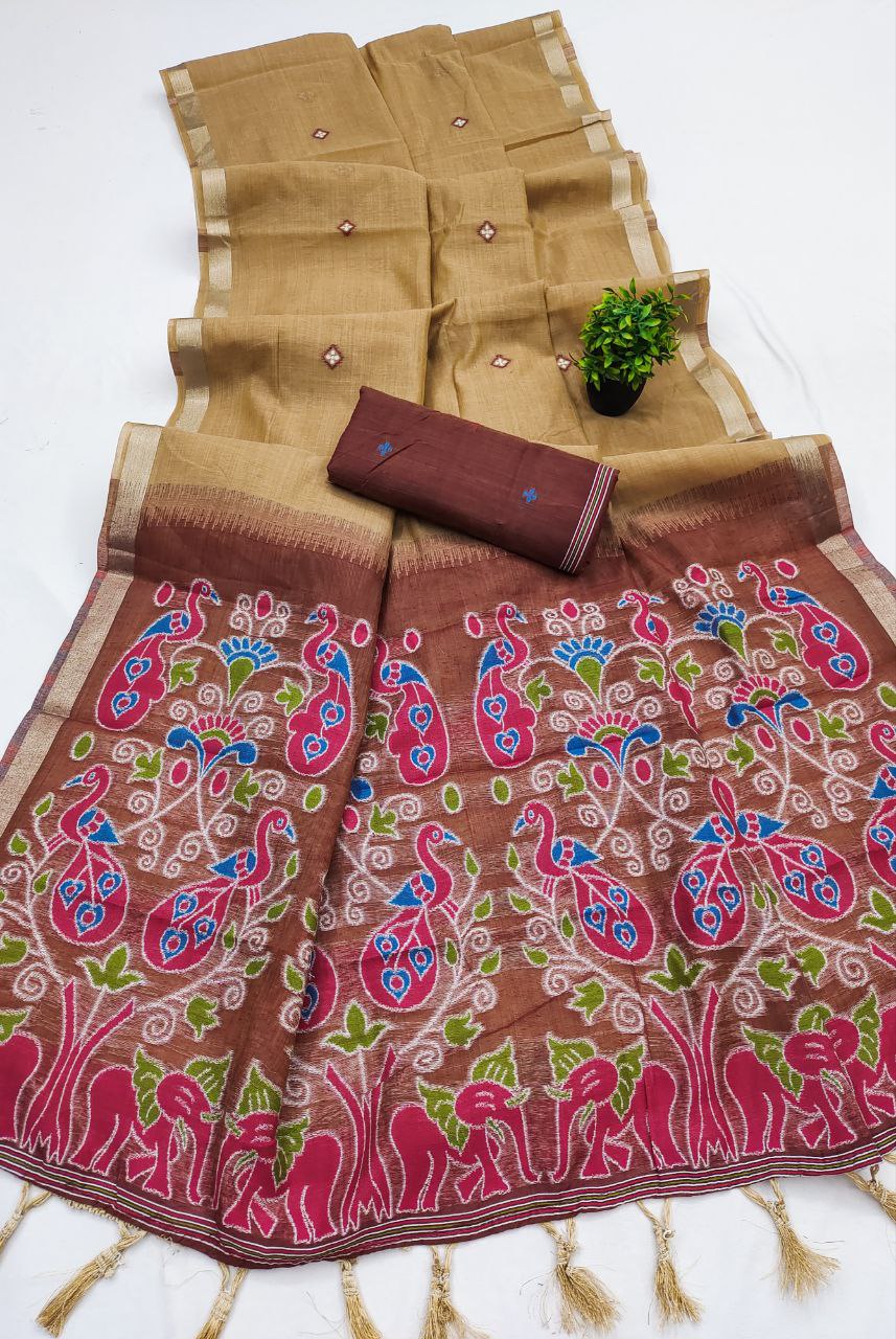 Mameraa Sarees Soft Pure Muga Cotton Saree With Meenakari Weaving Motifs And Contrast Blouse-Cream | Grocsy