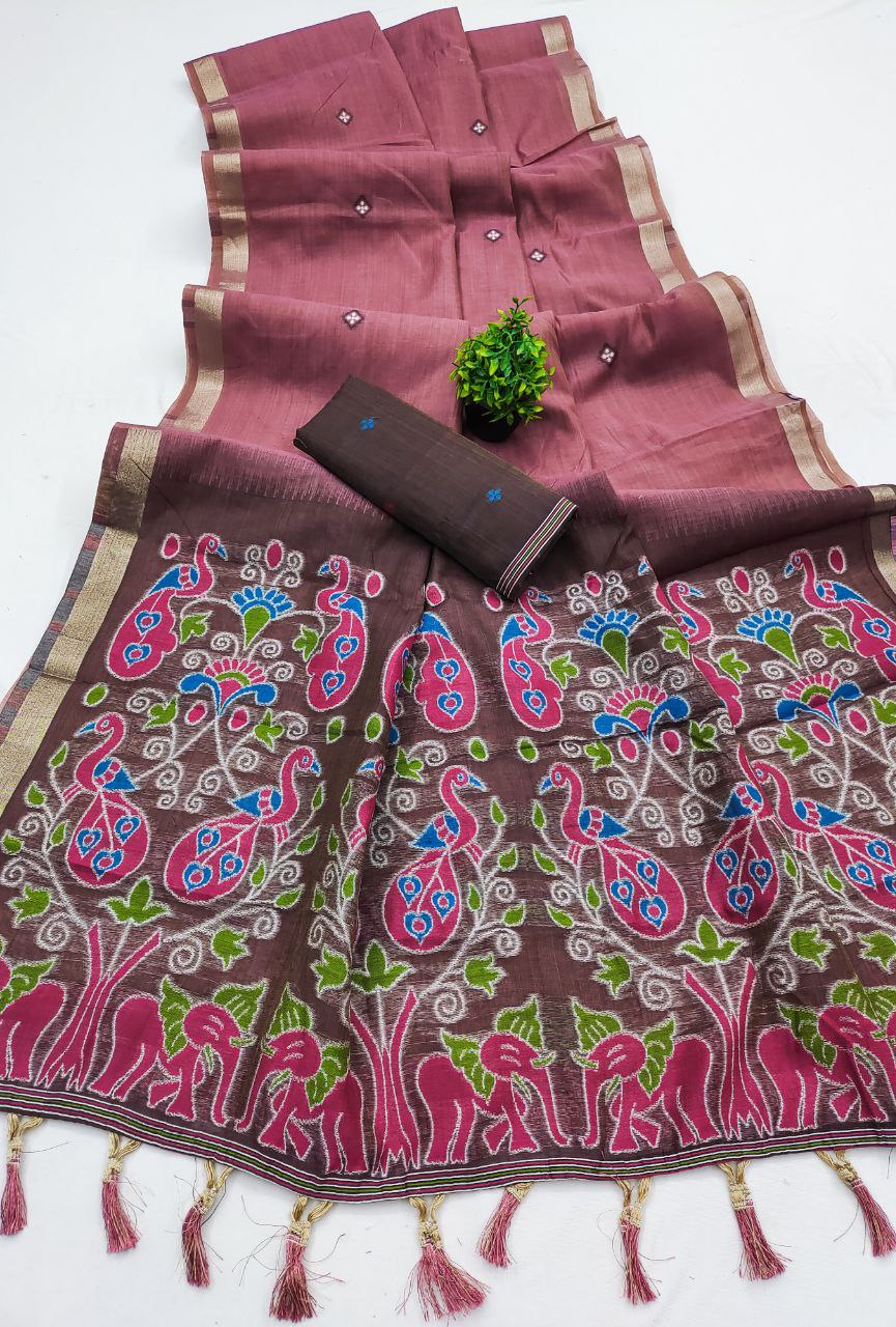Mameraa Sarees Soft Pure Muga Cotton Saree With Meenakari Weaving Motifs And Contrast Blouse-Pink | Grocsy