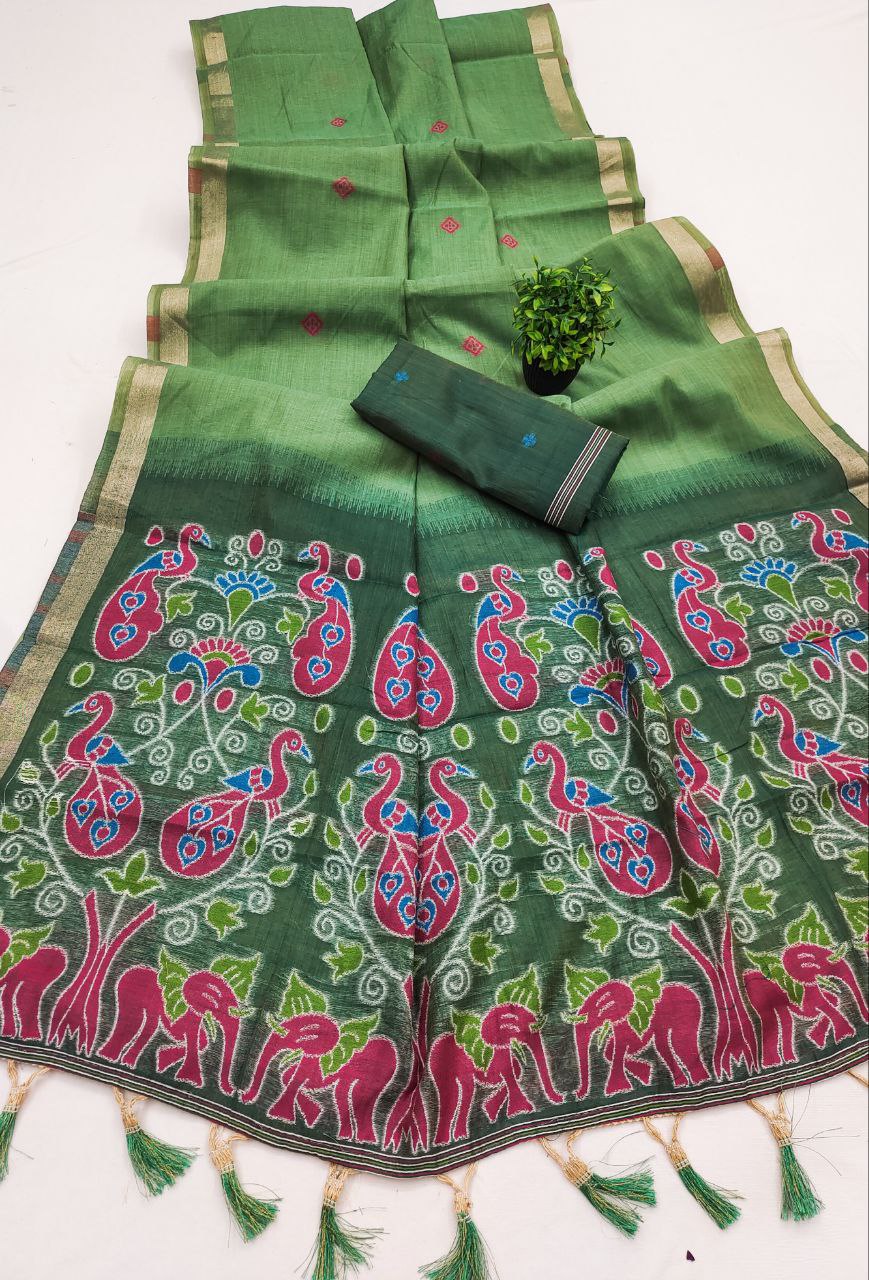 Mameraa Sarees Soft Pure Muga Cotton Saree With Meenakari Weaving Motifs And Contrast Blouse-Green | Grocsy