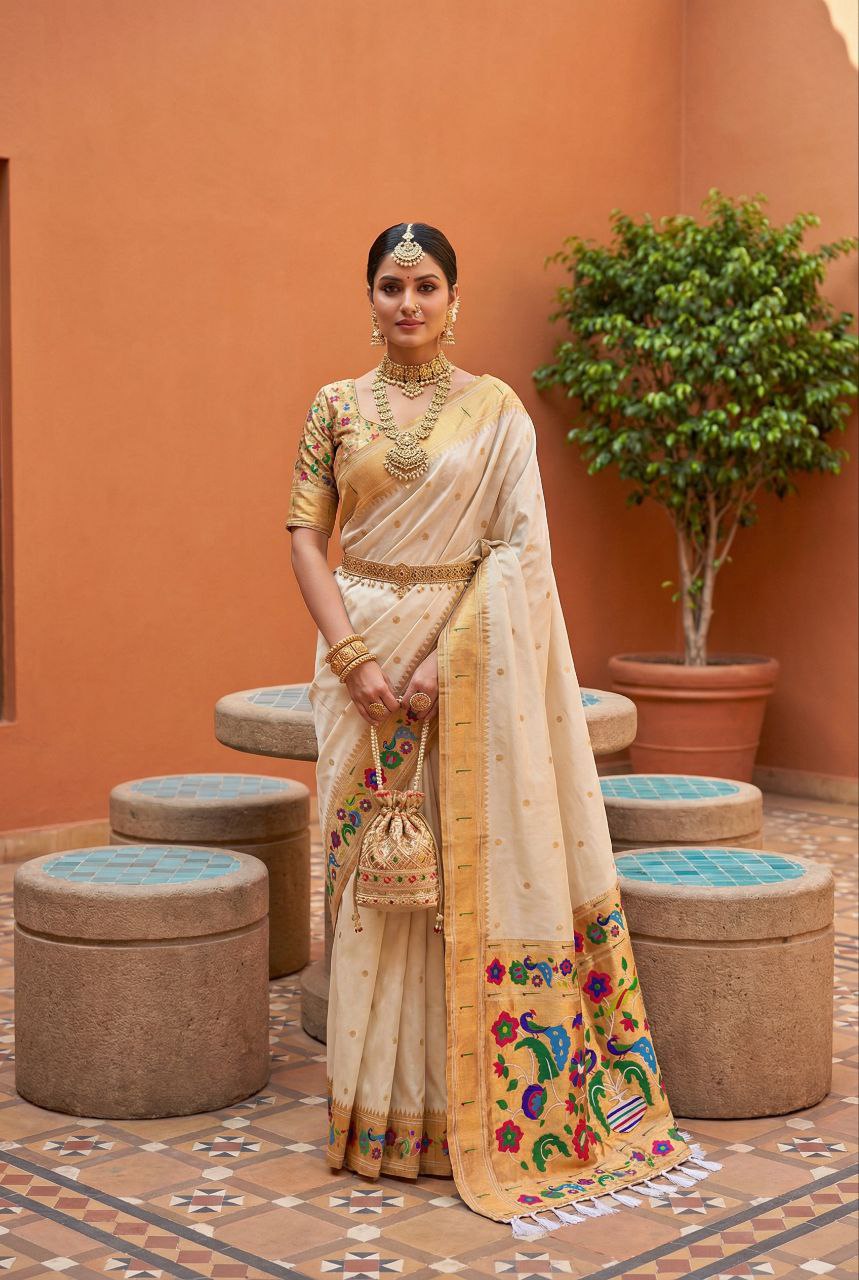 Mameraa Sarees White Faux Banarasi Silk Saree With Paithani Rich Weaved Pallu And Blouse-White | Grocsy