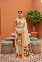 Mameraa Sarees White Faux Banarasi Silk Saree With Paithani Rich Weaved Pallu And Blouse-White | Grocsy