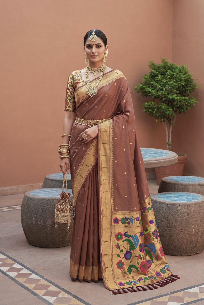 Mameraa Sarees Coffee Faux Banarasi Silk Saree With Paithani Rich Weaved Pallu And Blouse-Cofee | Grocsy
