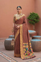 Mameraa Sarees Coffee Faux Banarasi Silk Saree With Paithani Rich Weaved Pallu And Blouse-Cofee | Grocsy