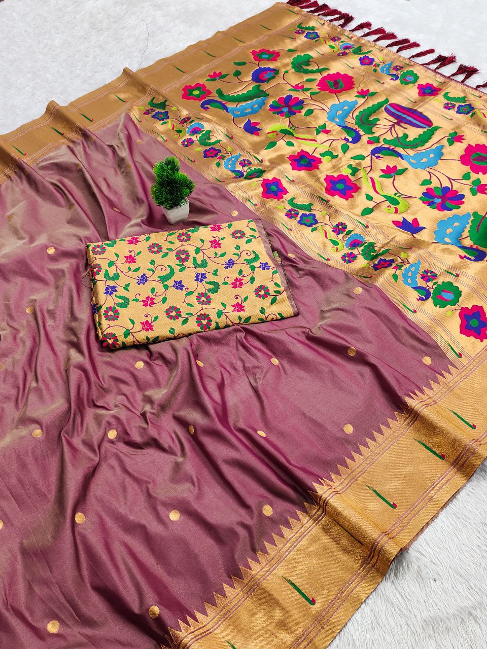 Mameraa Sarees Onion Pink Faux Banarasi Silk Saree With Paithani Rich Weaved Pallu And Blouse-Onion_Pink | Grocsy