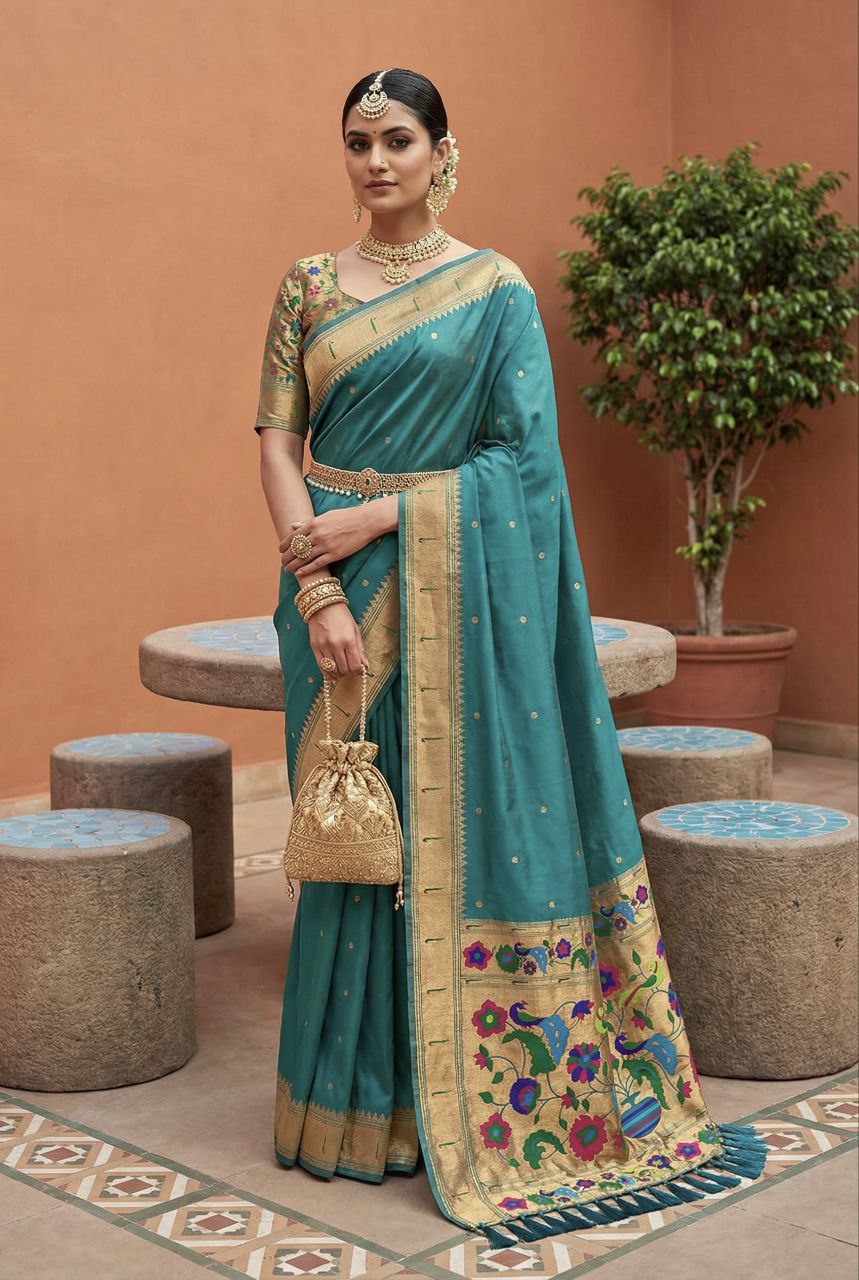 Mameraa Sarees Rama Faux Banarasi Silk Saree With Paithani Rich Weaved Pallu And Blouse-Sea_Green | Grocsy