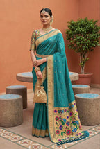 Mameraa Sarees Rama Faux Banarasi Silk Saree With Paithani Rich Weaved Pallu And Blouse-Sea_Green | Grocsy
