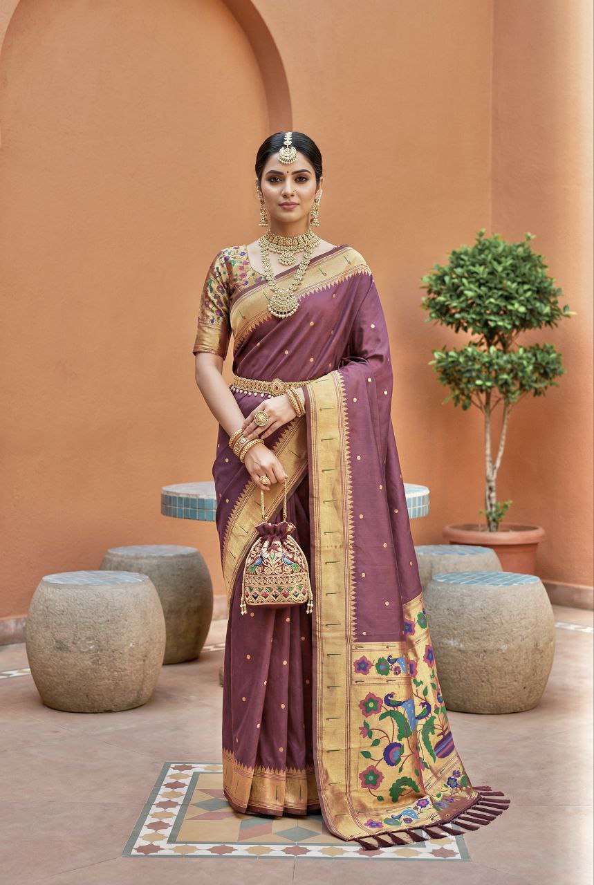 Mameraa Sarees Onion Pink Faux Banarasi Silk Saree With Paithani Rich Weaved Pallu And Blouse-Onion_Pink | Grocsy