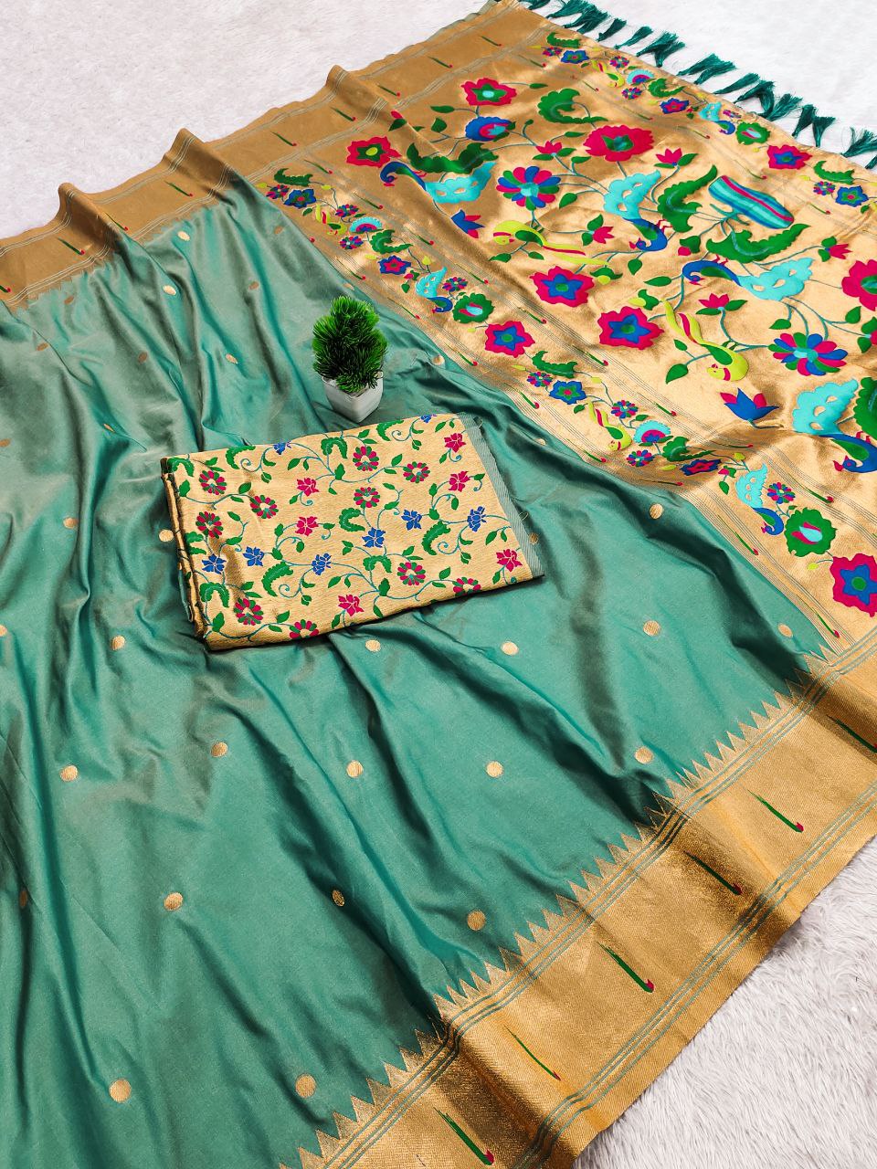 Mameraa Sarees Rama Faux Banarasi Silk Saree With Paithani Rich Weaved Pallu And Blouse-Sea_Green | Grocsy
