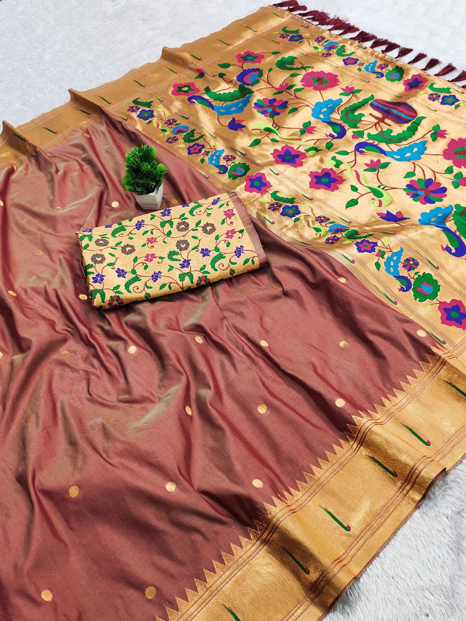 Mameraa Sarees Coffee Faux Banarasi Silk Saree With Paithani Rich Weaved Pallu And Blouse-Cofee | Grocsy