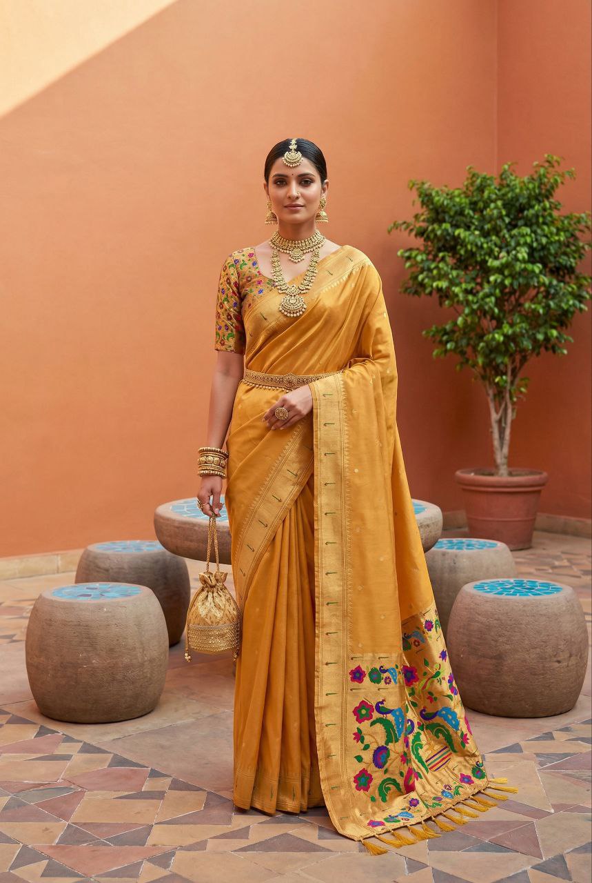 Mameraa Sarees Yellow Faux Banarasi Silk Saree With Paithani Rich Weaved Pallu And Blouse-Yellow | Grocsy