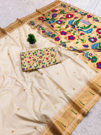 Mameraa Sarees White Faux Banarasi Silk Saree With Paithani Rich Weaved Pallu And Blouse-White | Grocsy