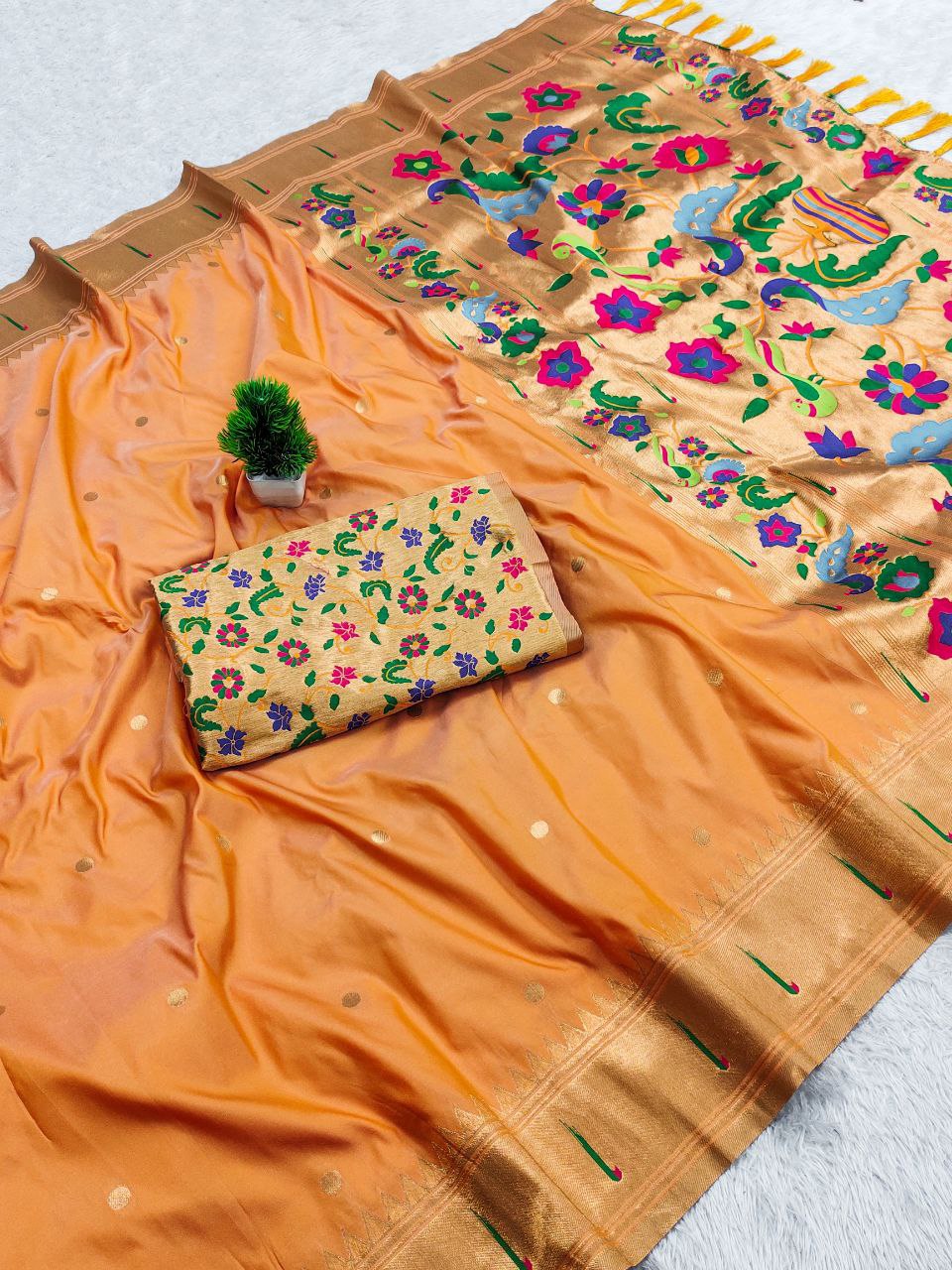Mameraa Sarees Yellow Faux Banarasi Silk Saree With Paithani Rich Weaved Pallu And Blouse-Yellow | Grocsy