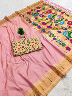 Mameraa Sarees Baby Pink Faux Banarasi Silk Saree With Paithani Rich Weaved Pallu And Blouse-Baby_Pink | Grocsy