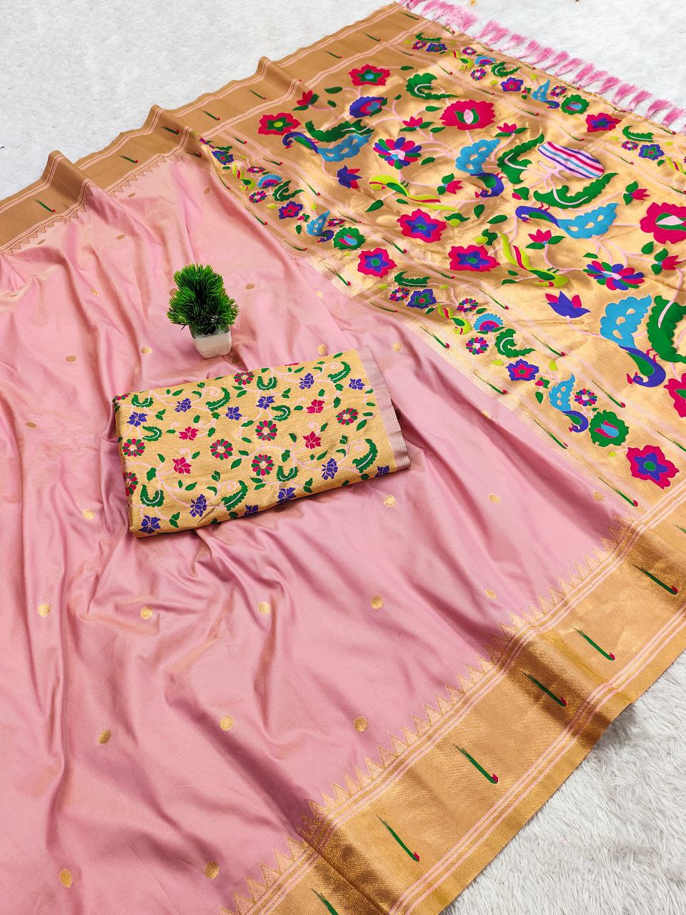Mameraa Sarees Baby Pink Faux Banarasi Silk Saree With Paithani Rich Weaved Pallu And Blouse-Baby_Pink | Grocsy