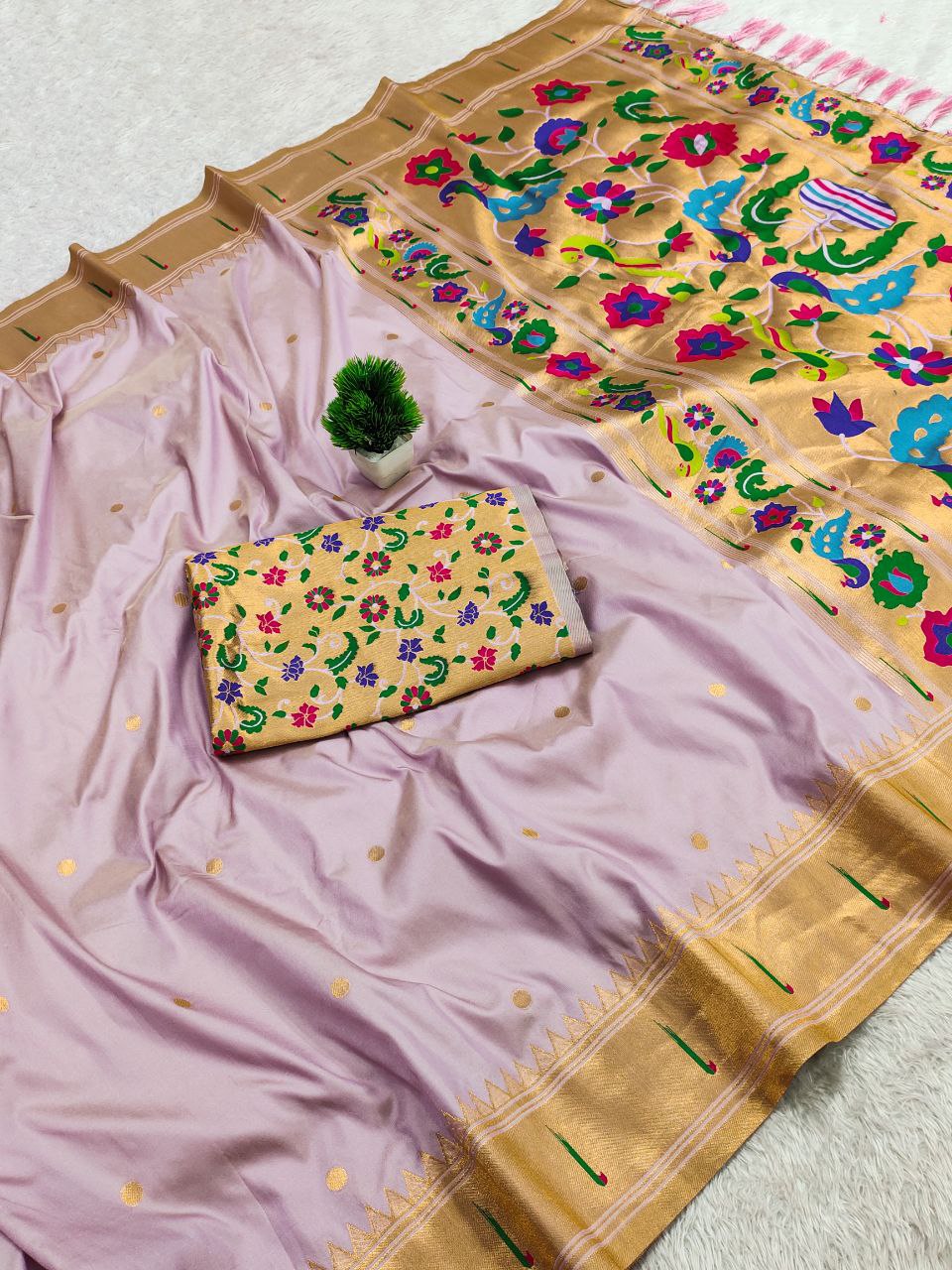 Mameraa Sarees Lavender Faux Banarasi Silk Saree With Paithani Rich Weaved Pallu And Blouse-Lavender | Grocsy