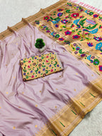 Mameraa Sarees Lavender Faux Banarasi Silk Saree With Paithani Rich Weaved Pallu And Blouse-Lavender | Grocsy