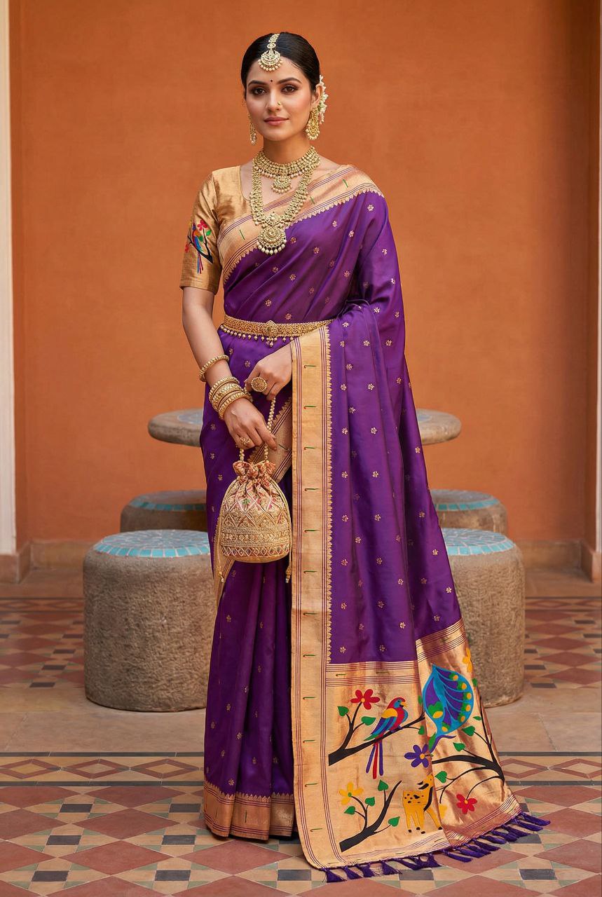 Mameraa Sarees Purple Faux Banarasi Silk Saree With Paithani Rich Weaved Pallu And Blouse-Purple | Grocsy