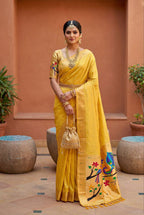 Mameraa Sarees Yellow Faux Banarasi Silk Saree With Paithani Rich Weaved Pallu And Blouse-Yellow | Grocsy