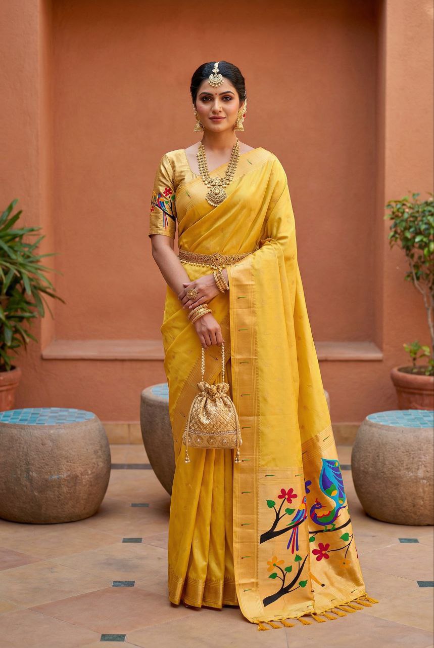 Mameraa Sarees Yellow Faux Banarasi Silk Saree With Paithani Rich Weaved Pallu And Blouse-Yellow | Grocsy