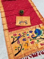 Mameraa Sarees Red Faux Banarasi Silk Saree With Paithani Rich Weaved Pallu And Blouse-Red | Grocsy