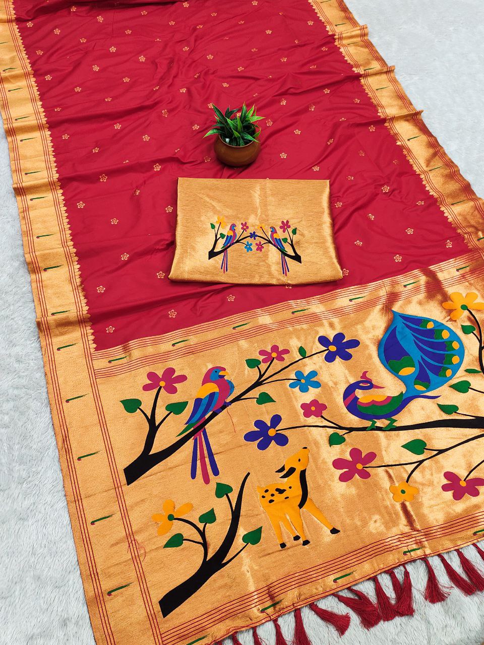 Mameraa Sarees Red Faux Banarasi Silk Saree With Paithani Rich Weaved Pallu And Blouse-Red | Grocsy