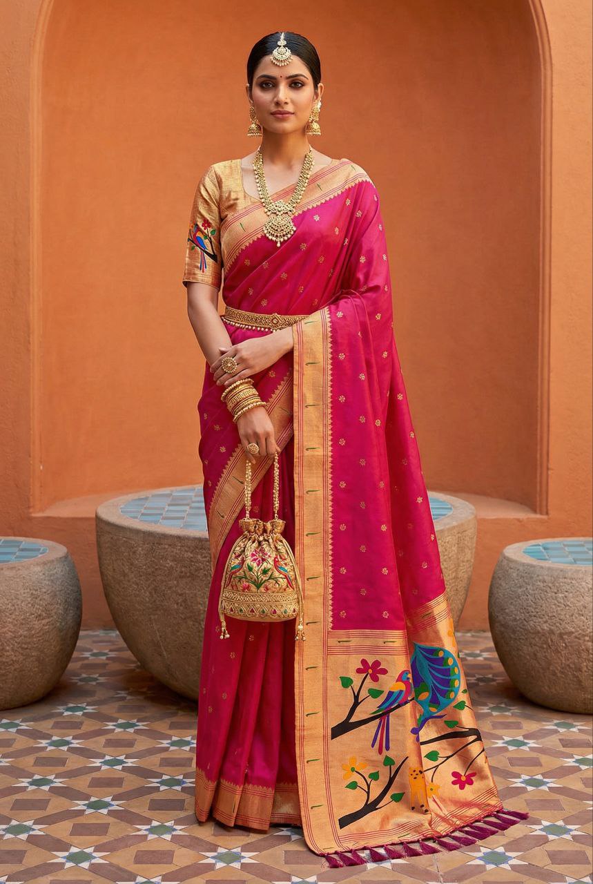 Mameraa Sarees Pink Faux Banarasi Silk Saree With Paithani Rich Weaved Pallu And Blouse-Pink | Grocsy