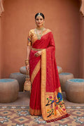 Mameraa Sarees Red Faux Banarasi Silk Saree With Paithani Rich Weaved Pallu And Blouse-Red | Grocsy