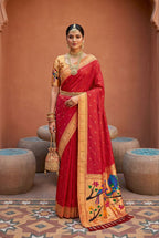 Mameraa Sarees Red Faux Banarasi Silk Saree With Paithani Rich Weaved Pallu And Blouse-Red | Grocsy