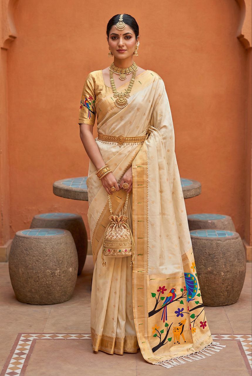 Mameraa Sarees White Faux Banarasi Silk Saree With Paithani Rich Weaved Pallu And Blouse-White | Grocsy