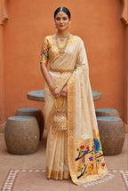 Mameraa Sarees White Faux Banarasi Silk Saree With Paithani Rich Weaved Pallu And Blouse-White | Grocsy