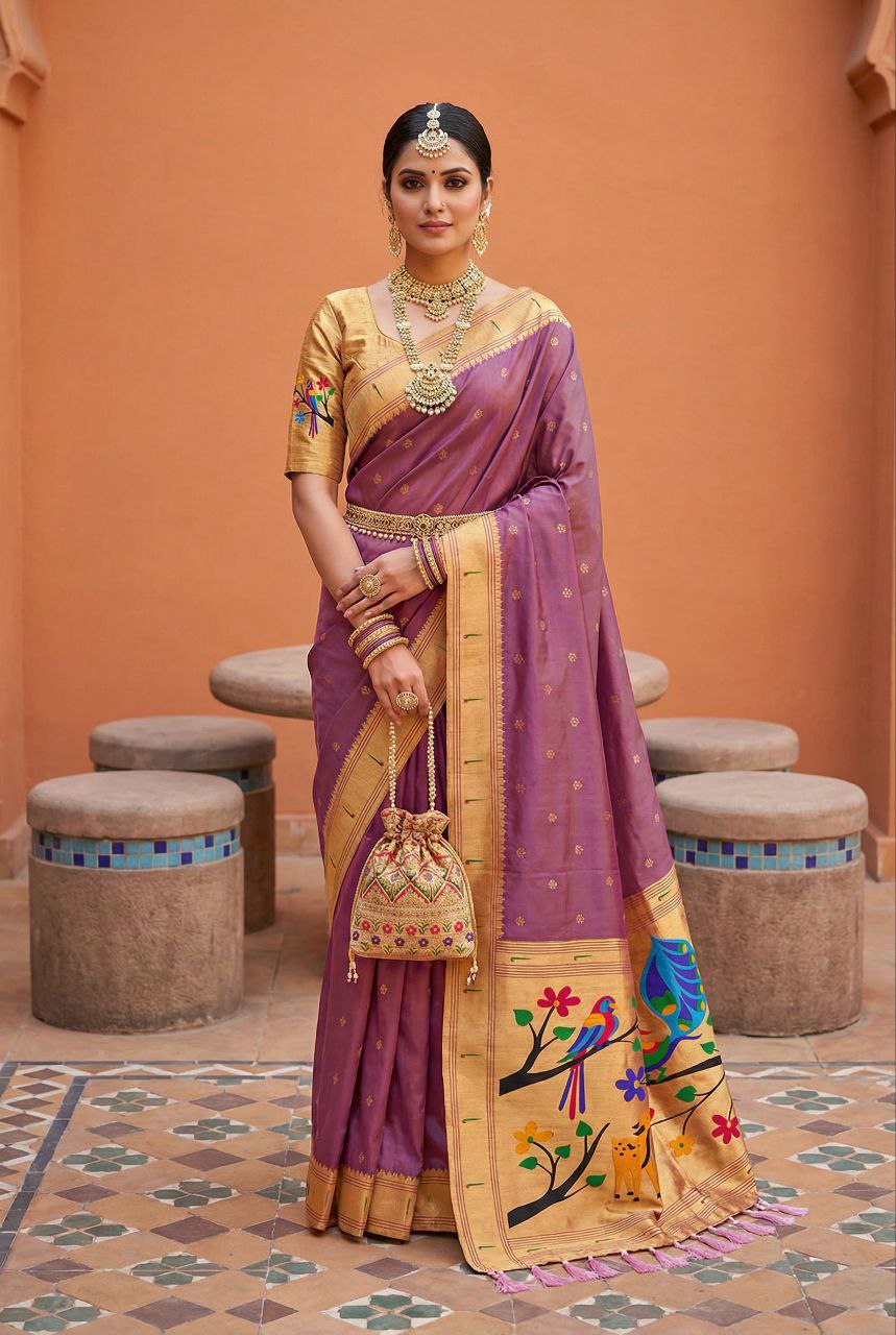 Mameraa Sarees Onion Pink Faux Banarasi Silk Saree With Paithani Rich Weaved Pallu And Blouse-Onion_Pink | Grocsy
