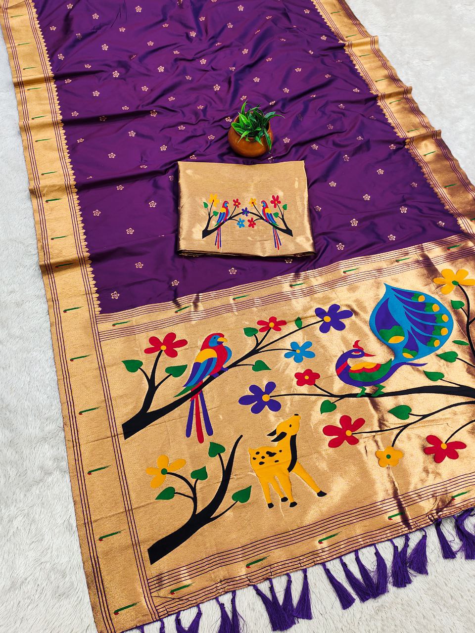 Mameraa Sarees Purple Faux Banarasi Silk Saree With Paithani Rich Weaved Pallu And Blouse-Purple | Grocsy