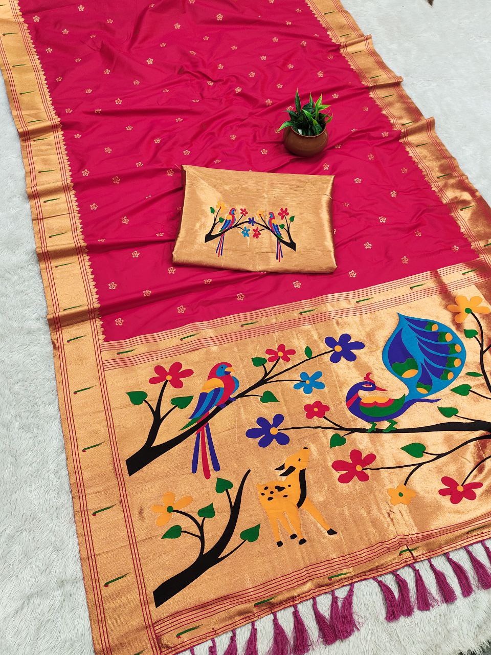Mameraa Sarees Pink Faux Banarasi Silk Saree With Paithani Rich Weaved Pallu And Blouse-Pink | Grocsy