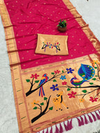 Mameraa Sarees Pink Faux Banarasi Silk Saree With Paithani Rich Weaved Pallu And Blouse-Pink | Grocsy
