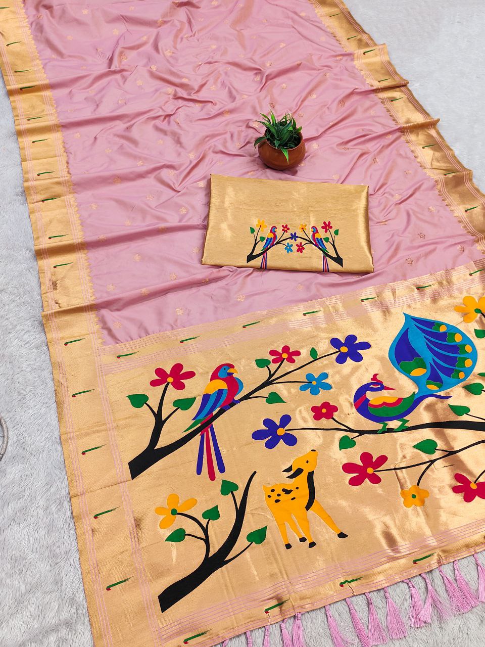 Mameraa Sarees Baby Pink Faux Banarasi Silk Saree With Paithani Rich Weaved Pallu And Blouse-Baby_Pink | Grocsy