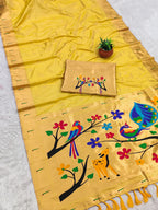 Mameraa Sarees Yellow Faux Banarasi Silk Saree With Paithani Rich Weaved Pallu And Blouse-Yellow | Grocsy