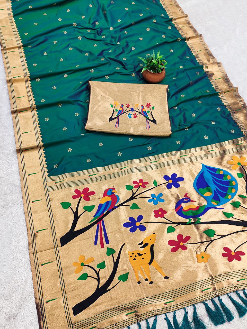 Mameraa Sarees Rama Faux Banarasi Silk Saree With Paithani Rich Weaved Pallu And Blouse-Rama_Green | Grocsy