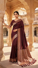 Mameraa Sarees Coffee Soft Banarasi Silk Fabric Saree With Natural Zari Weaving In Gala Border-Coffee | Grocsy