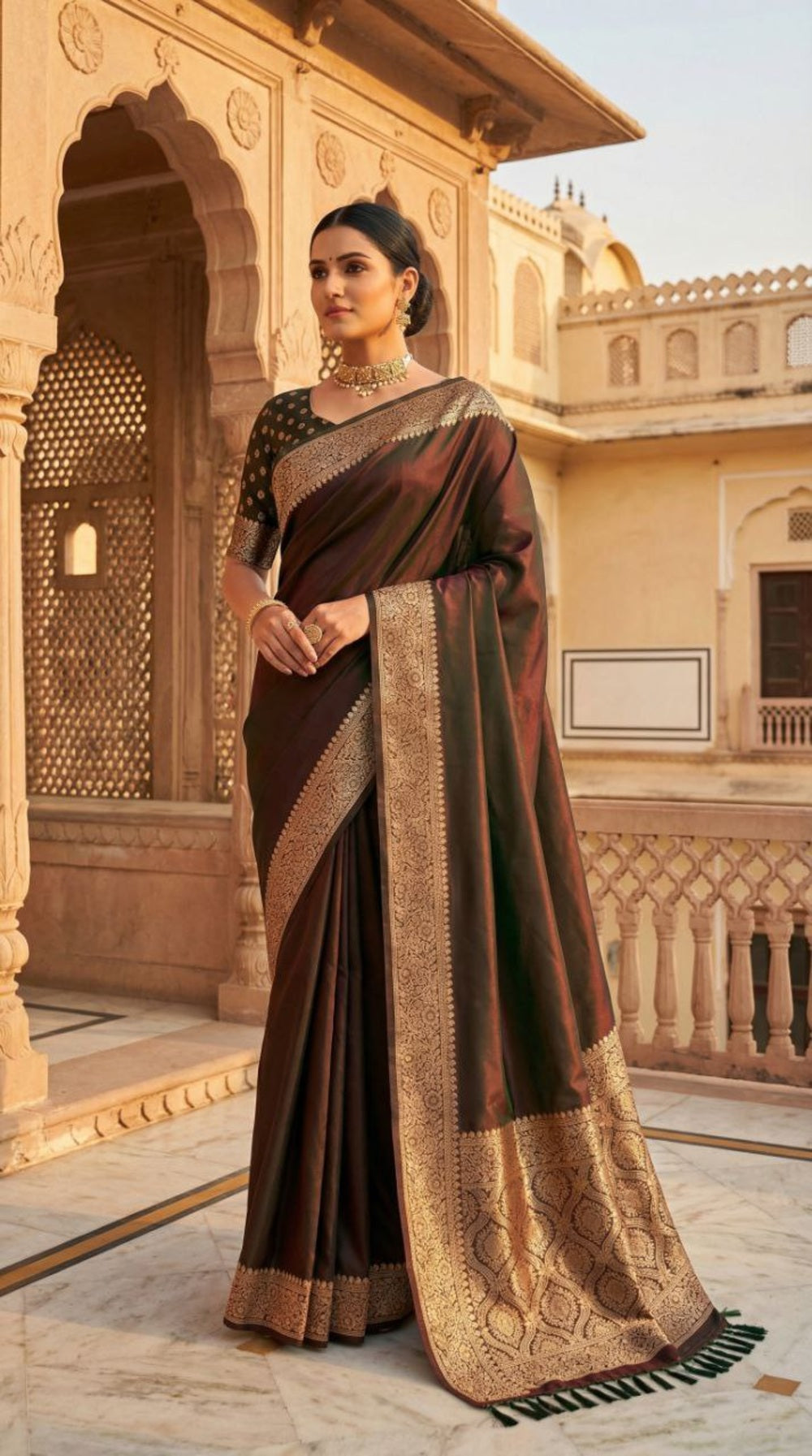 Mameraa Sarees Brown Soft Banarasi Silk Fabric Saree With Natural Zari Weaving In Gala Border-Brown | Grocsy