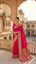 Mameraa Sarees Pink Soft Banarasi Silk Fabric Saree With Natural Zari Weaving In Gala Border-Pink | Grocsy