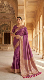 Mameraa Sarees Lavender Soft Banarasi Silk Fabric Saree With Natural Zari Weaving In Gala Border-Lavender | Grocsy