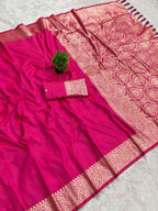 Mameraa Sarees Pink Soft Banarasi Silk Fabric Saree With Natural Zari Weaving In Gala Border-Pink | Grocsy