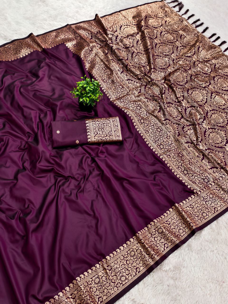 Mameraa Sarees Wine Soft Banarasi Silk Fabric Saree With Natural Zari Weaving In Gala Border-Wine | Grocsy