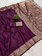Mameraa Sarees Wine Soft Banarasi Silk Fabric Saree With Natural Zari Weaving In Gala Border-Wine | Grocsy